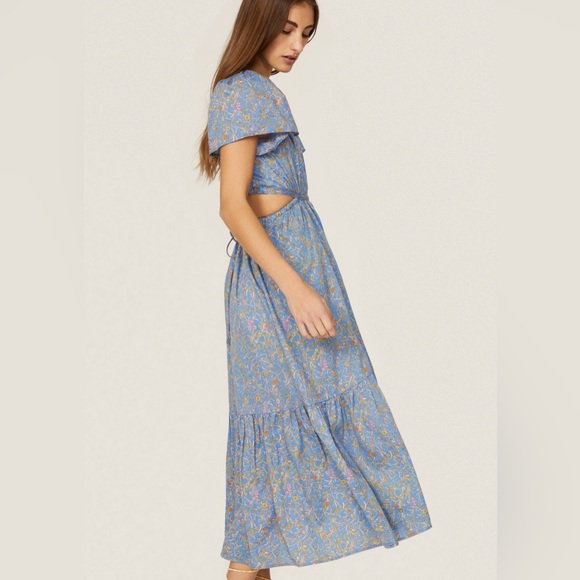 XíRENA Gabrielle Cutout Dress Size Large Blue Floral Midi V Neck Flutter Sleeve - Picture 10 of 17